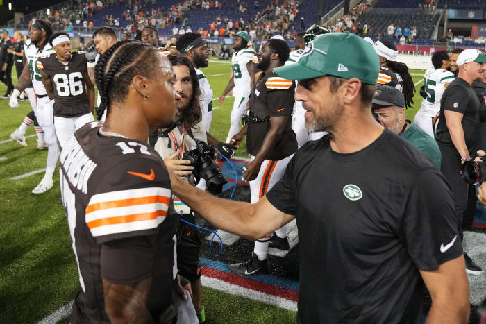 Dorian Thompson-Robinson and Aaron Rodgers after the Hall of Fame Game
